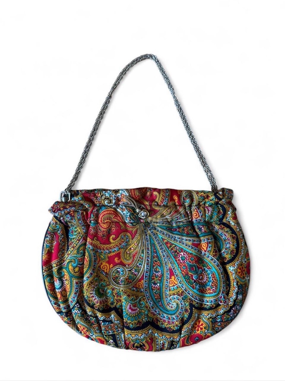 Vintage Multi-colored paisley print purse with gold chain and tassel detail